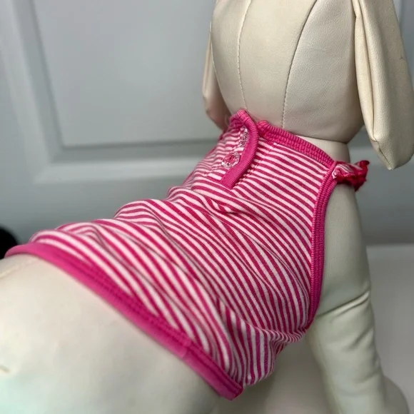 Pink Striped Dog Ruffle Shoulder Tank top - Picture 2 of 7